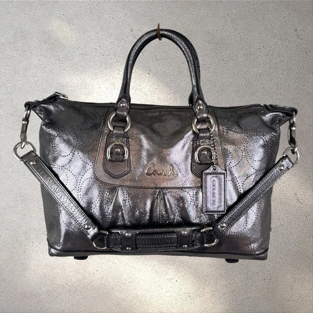 COACH Ashley Perforated Metallic Gray Leather Satchel Handbag F17130 Y2K 13x8x5